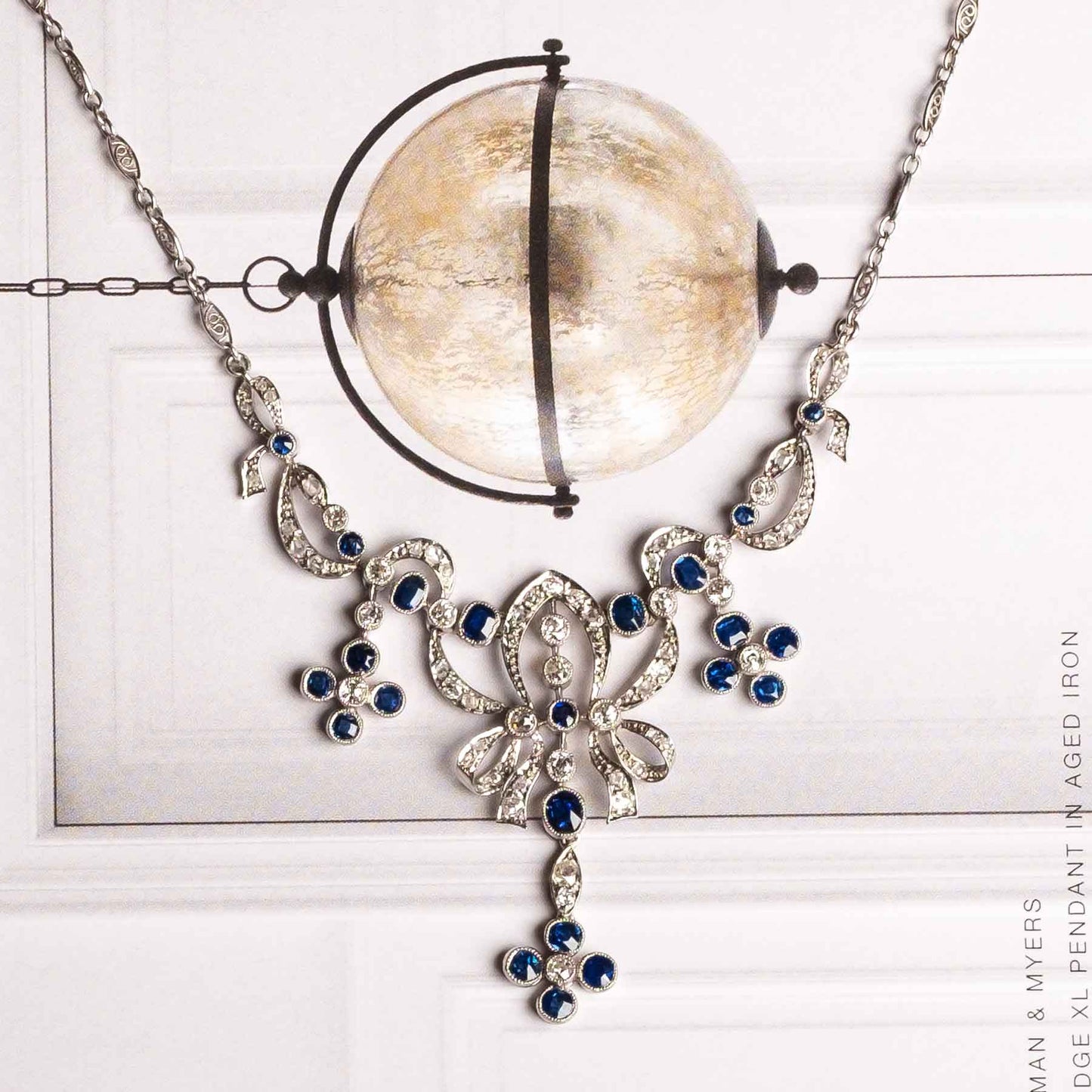 1950s Platinum Necklace with Old-Cut Diamonds and Natural Sapphires
