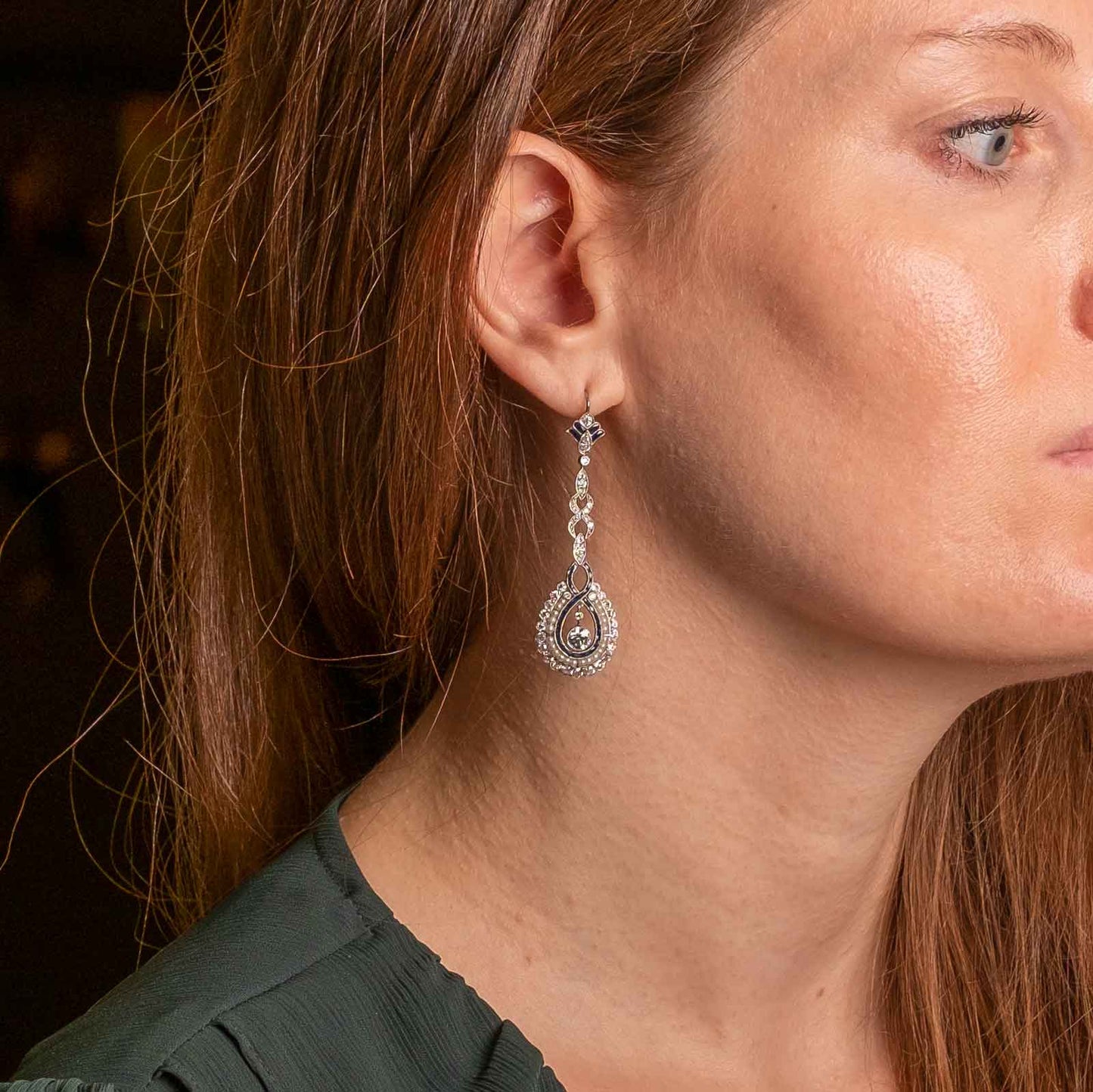 Platinum Drop Earrings with Diamonds, Sapphires and Pearls – Art Déco Period