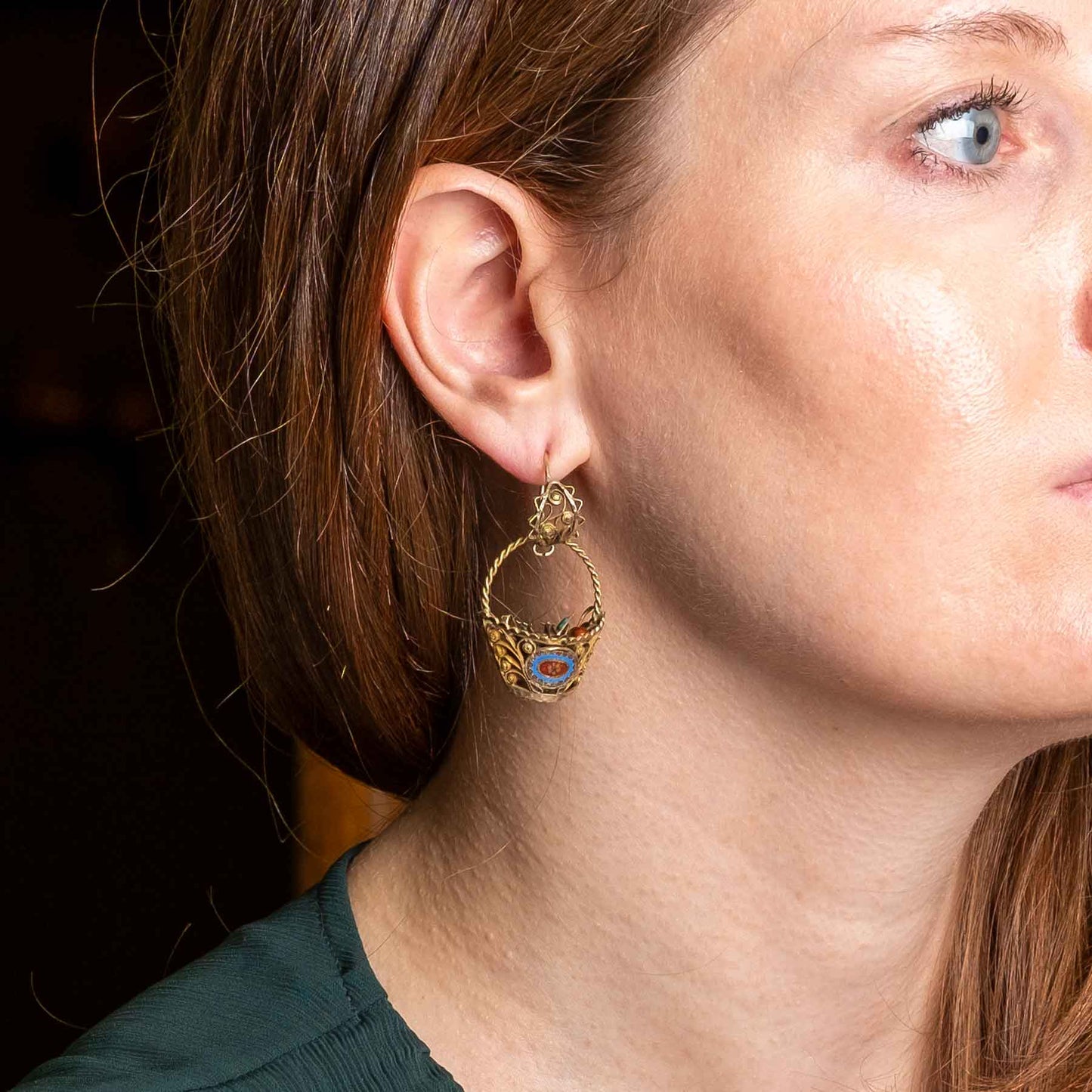 19th Century Sicilian Earrings in 12kt Gold and Enamel – Floral Basket Design