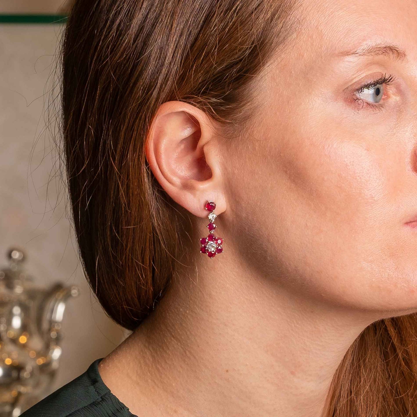 Vintage Drop Earrings in 18ct White Gold with Natural Rubies and Diamonds