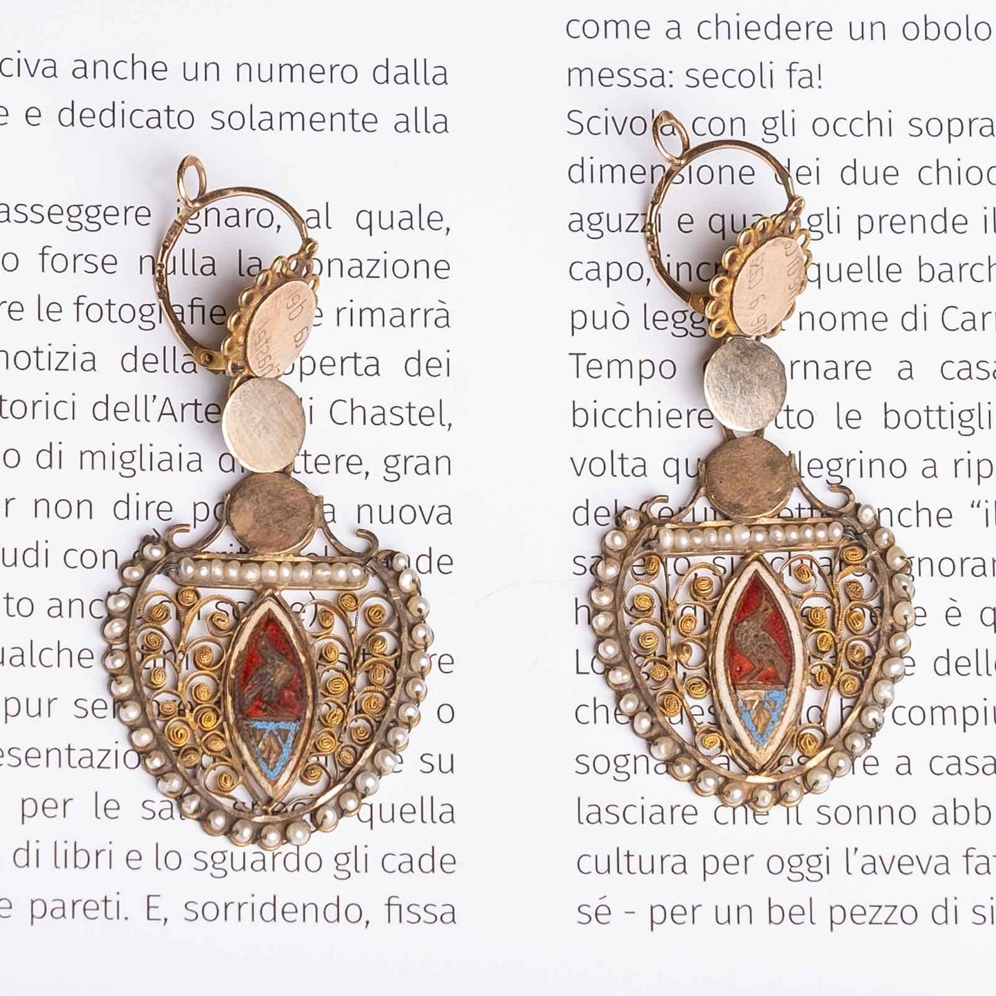 19th Century Antique Earrings in Gold, Filigree, Natural Pearls and Enamel – Abruzzo, Italy
