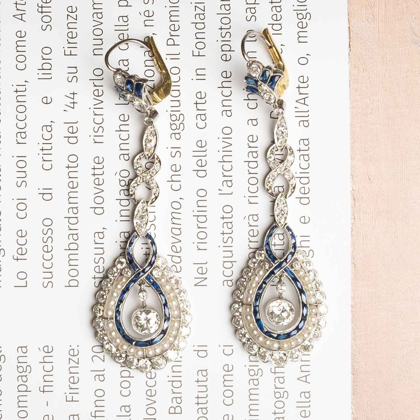 Platinum Drop Earrings with Diamonds, Sapphires and Pearls – Art Déco Period