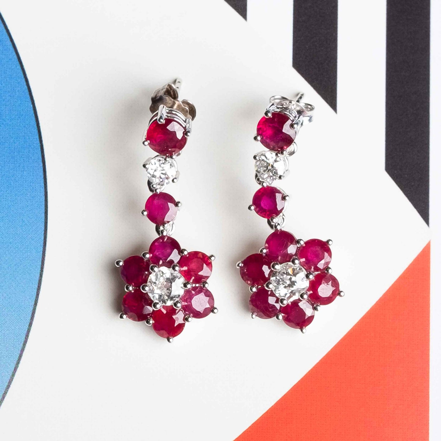Vintage Drop Earrings in 18ct White Gold with Natural Rubies and Diamonds