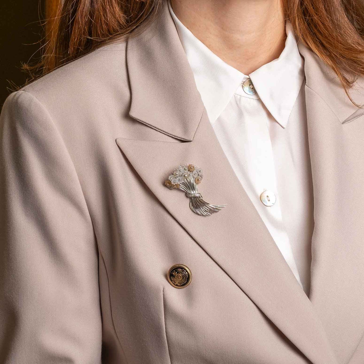 1960s White Gold Brooch with Hand-Carved Chalcedony & Diamonds
