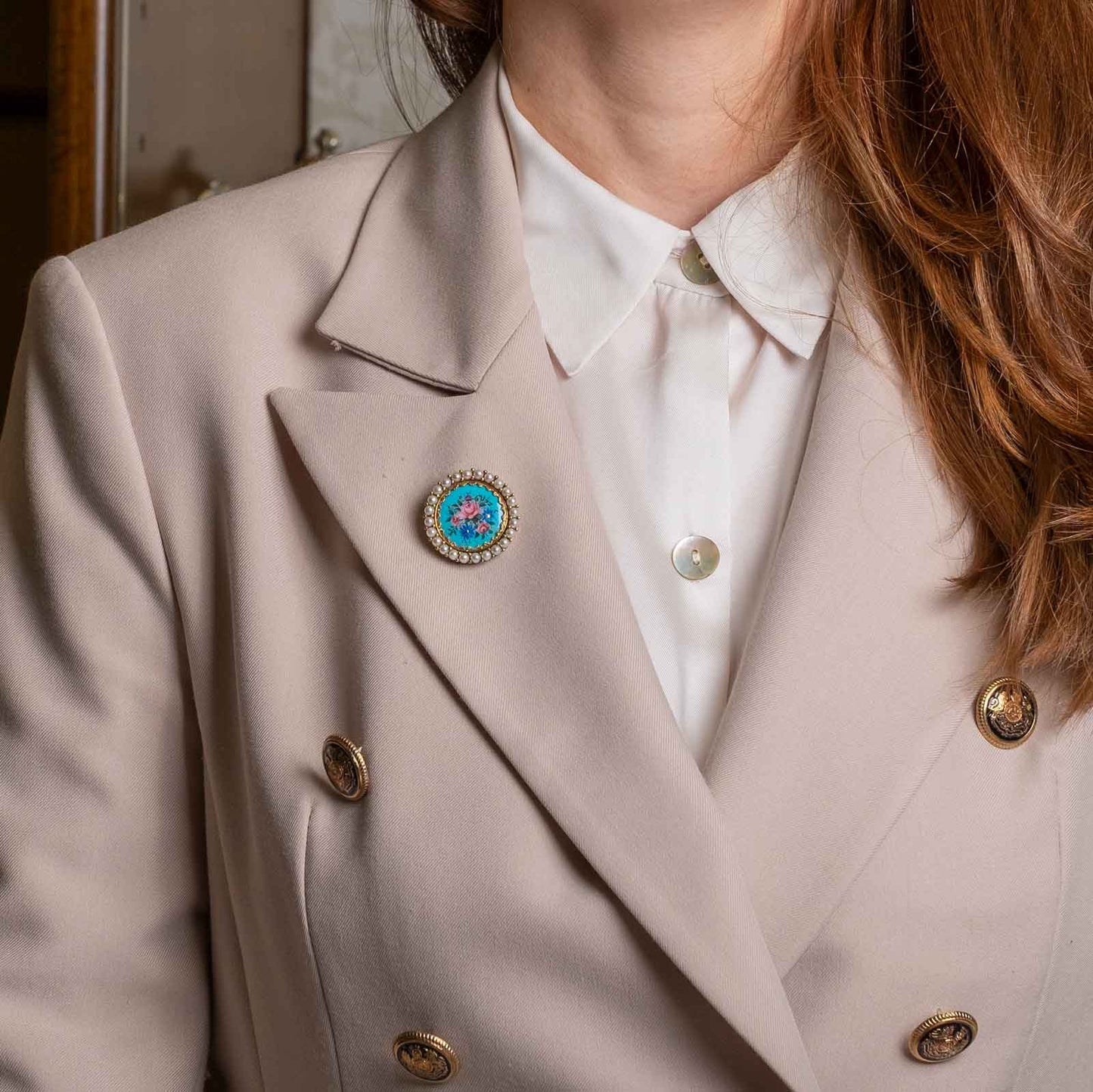 Floral brooch and pendant with polychrome enamels and pearls