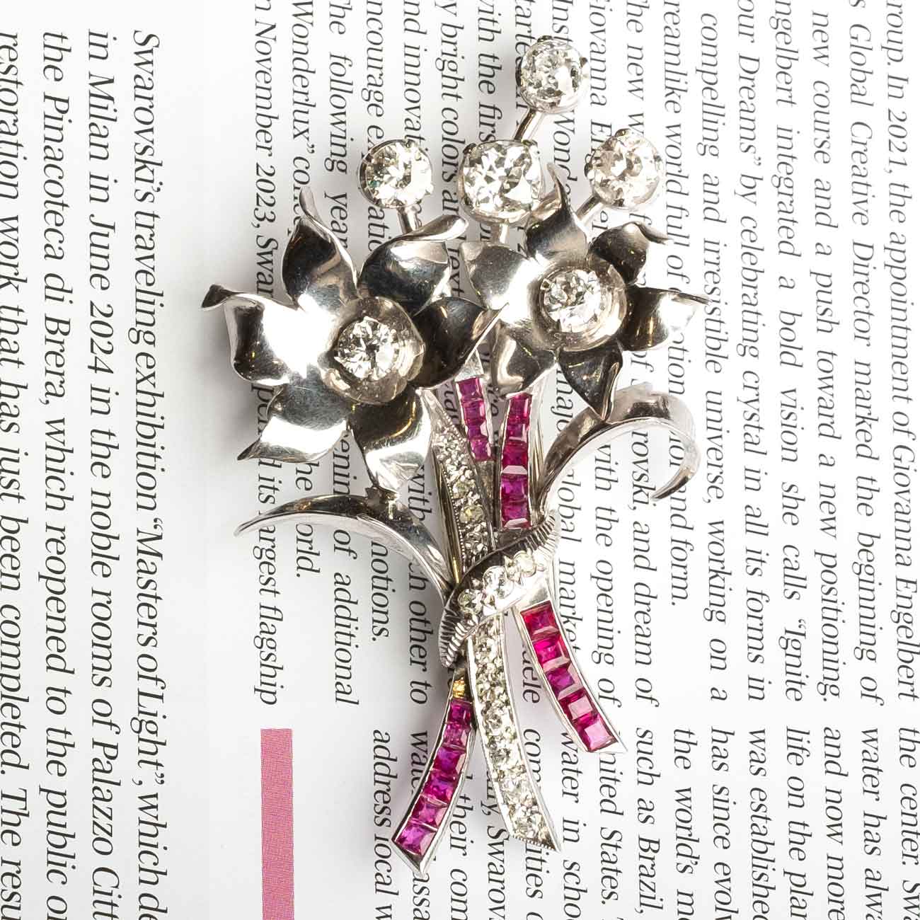 Impressive 1940s Platinum Brooch with Old-Cut Diamonds & Rubies
