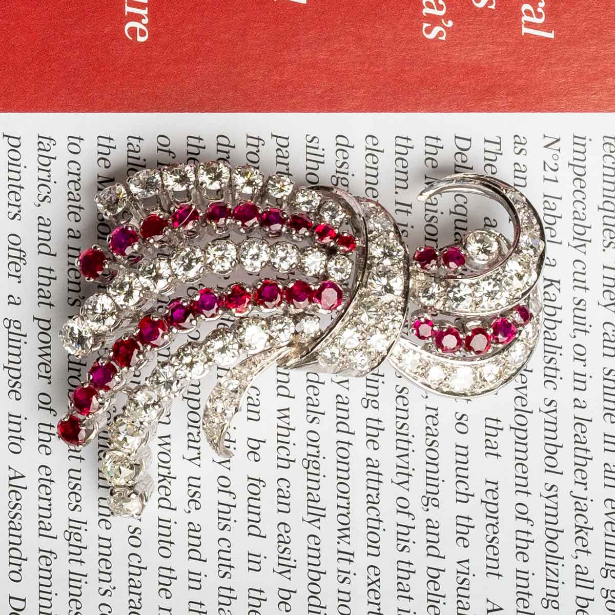 Important 1960s White Gold Brooch with High-Quality Diamonds & Intense Red Rubies