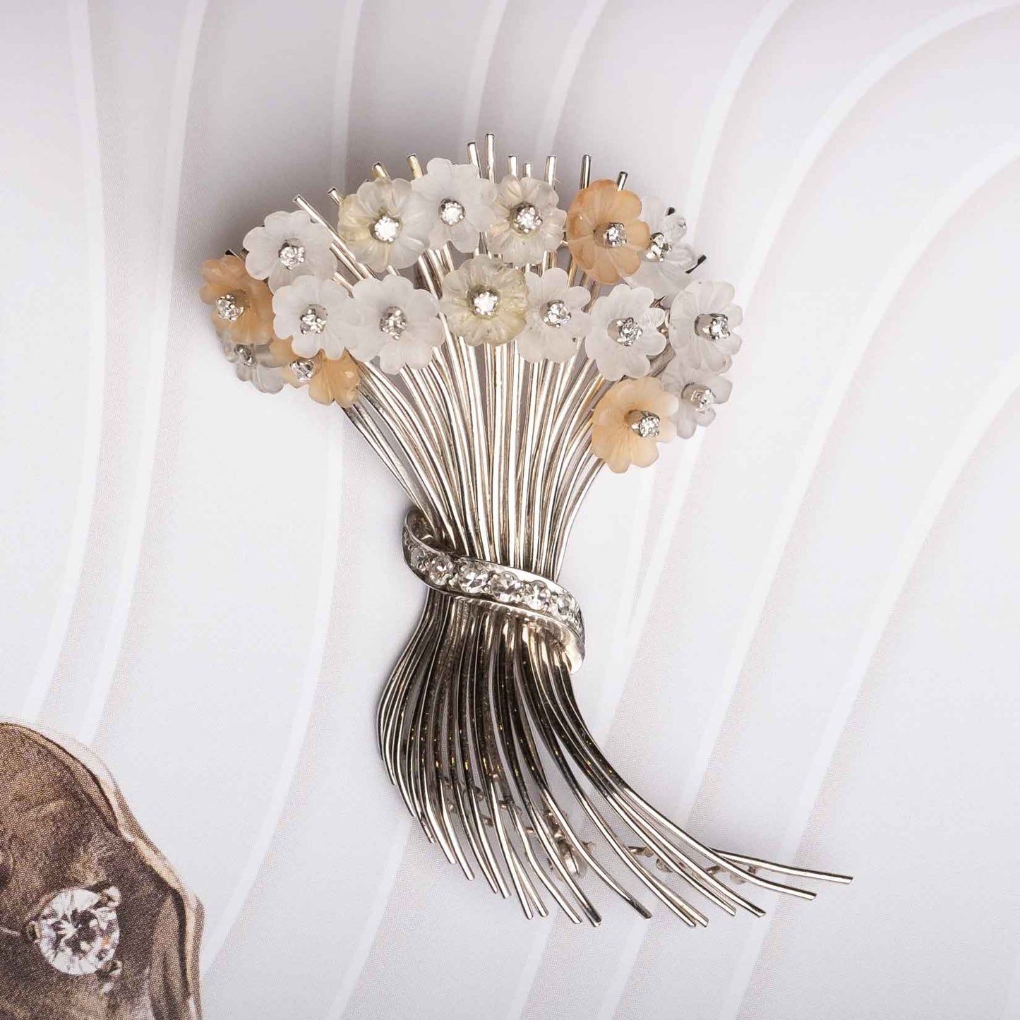 1960s White Gold Brooch with Hand-Carved Chalcedony & Diamonds