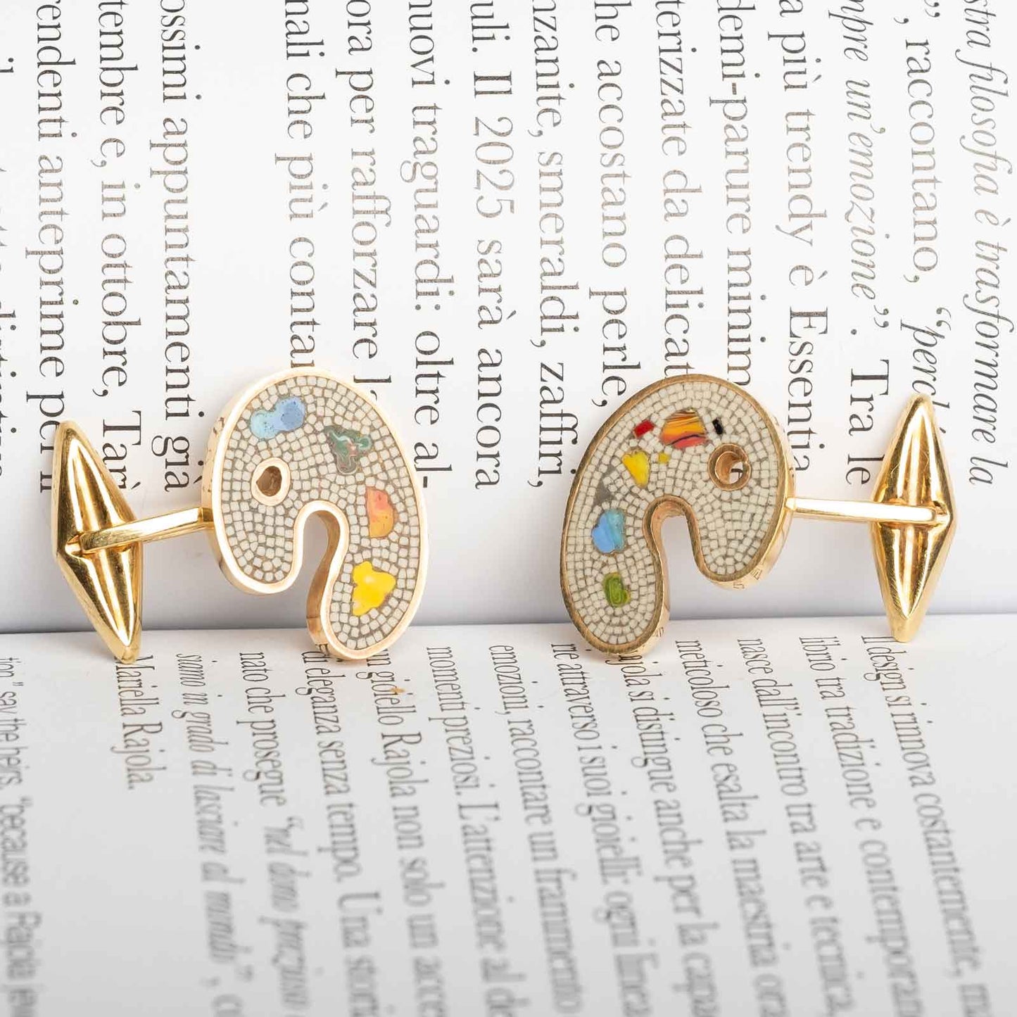 1970s Vintage 18ct Gold Cufflinks with Hardstone Micromosaic – Signed L. Faraoni