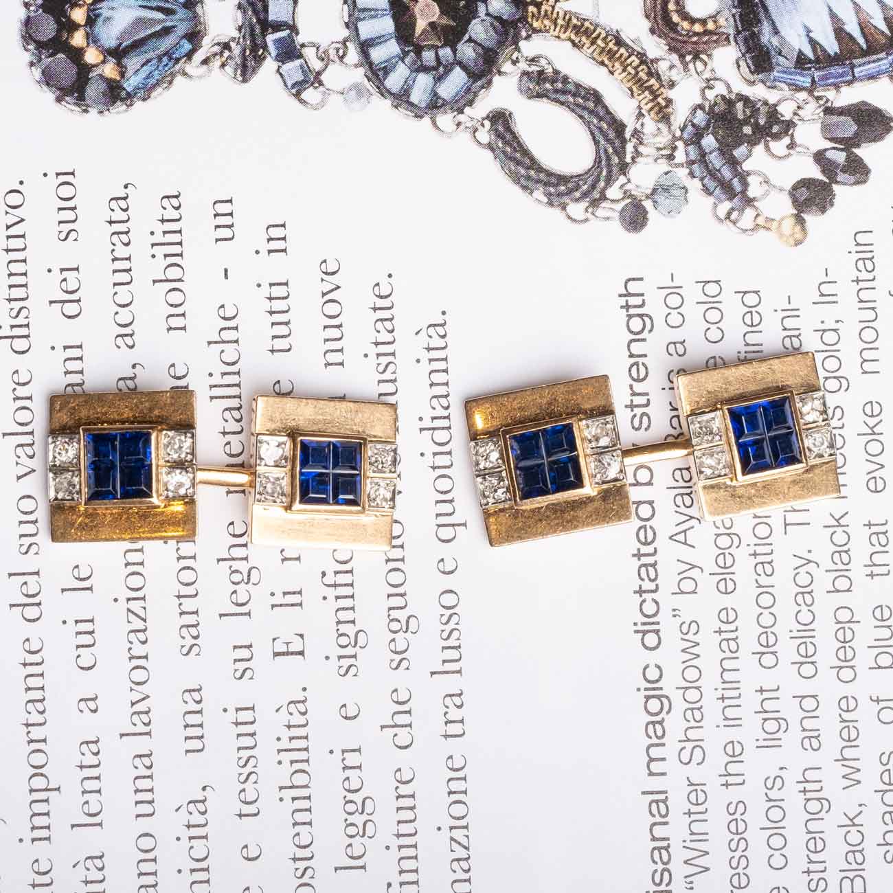 Art Déco 1930s 18ct Gold Double Cufflinks with Diamonds and Blue Stones