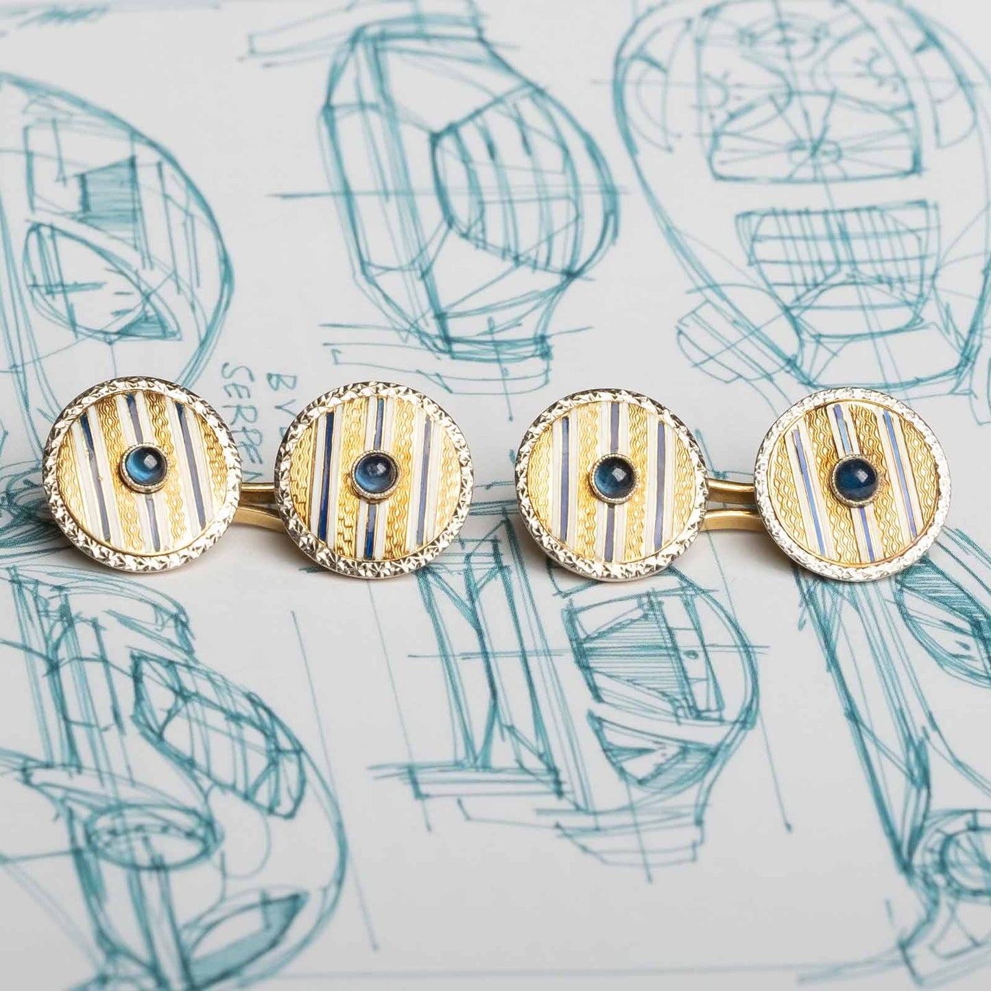 1930s Art Déco 18ct Gold Cufflinks with Enamel and Cabochon Sapphires