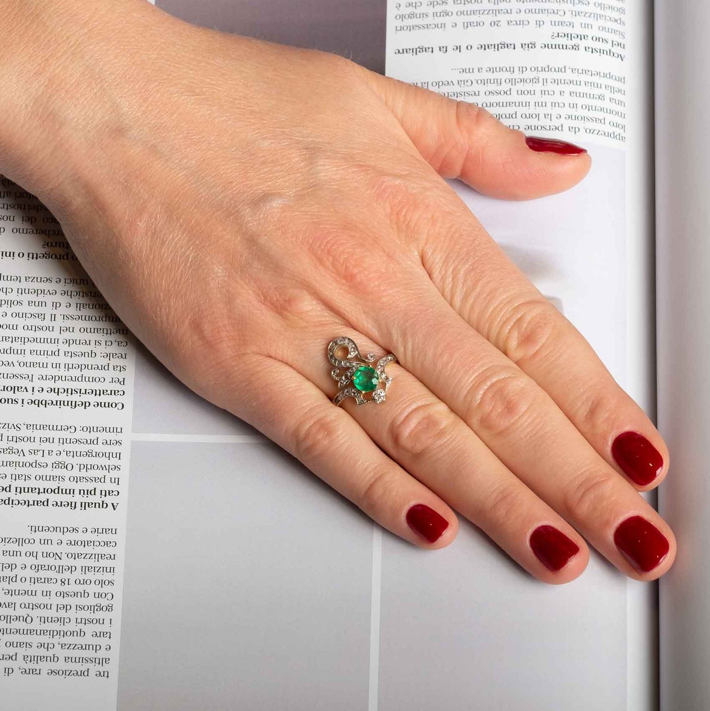 Late 19th Century Asymmetrical Antique Ring in Platinum and Gold with Natural Emerald and Diamonds