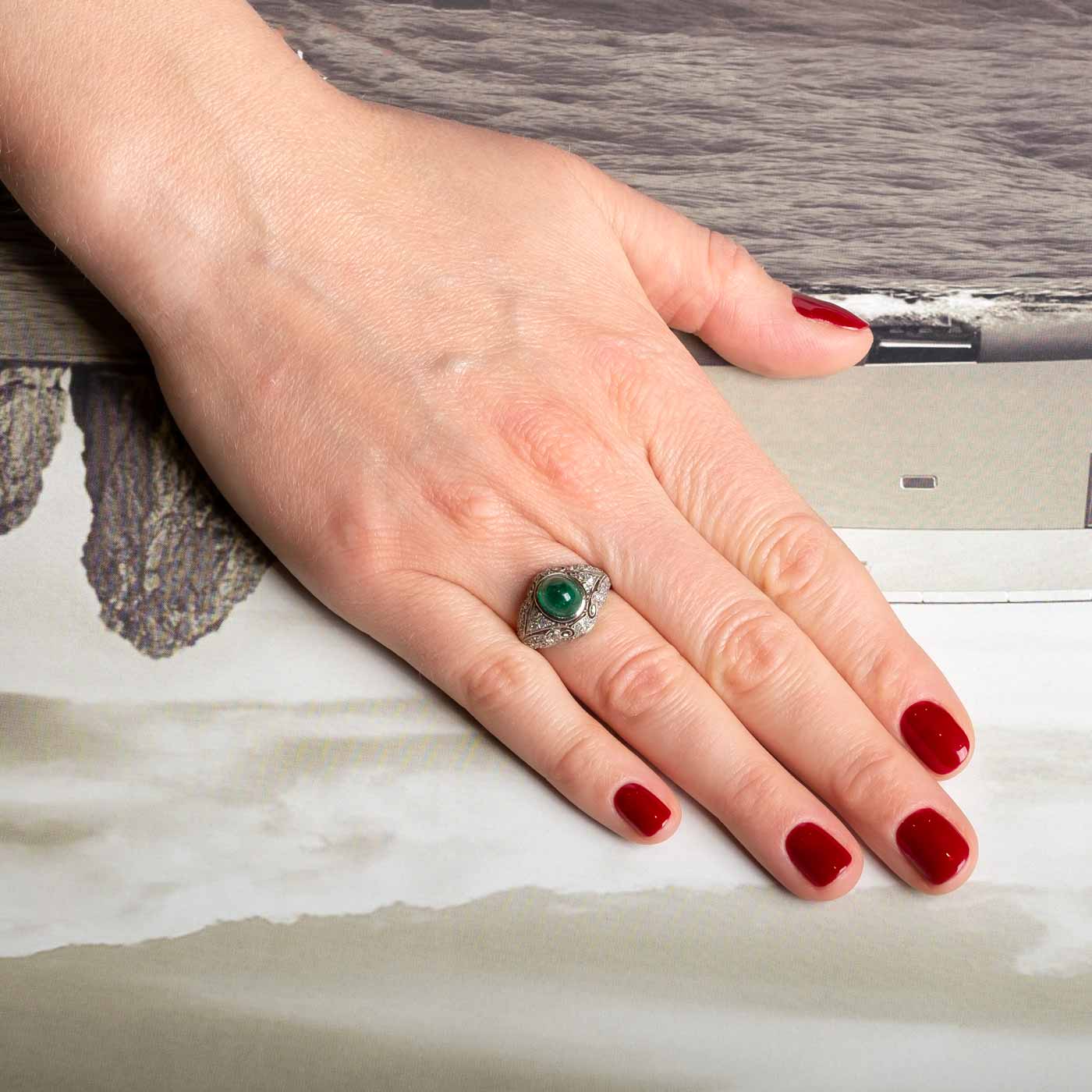 Antique Platinum Ring with Natural Cabochon Emerald and Diamonds – Liberty / Art Déco Style