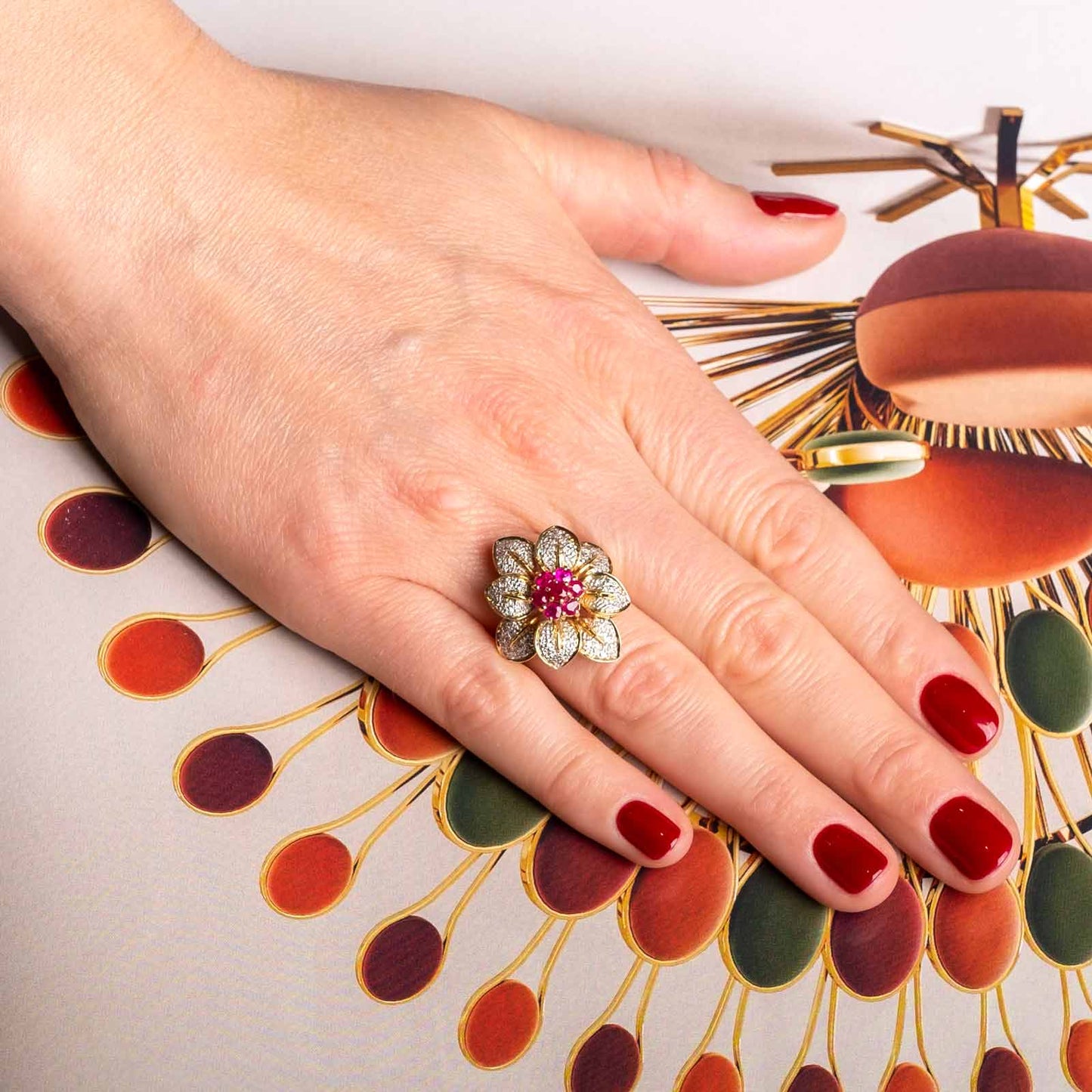 Floral Cocktail Ring in 18ct Yellow Gold with Diamonds and Natural Rubies
