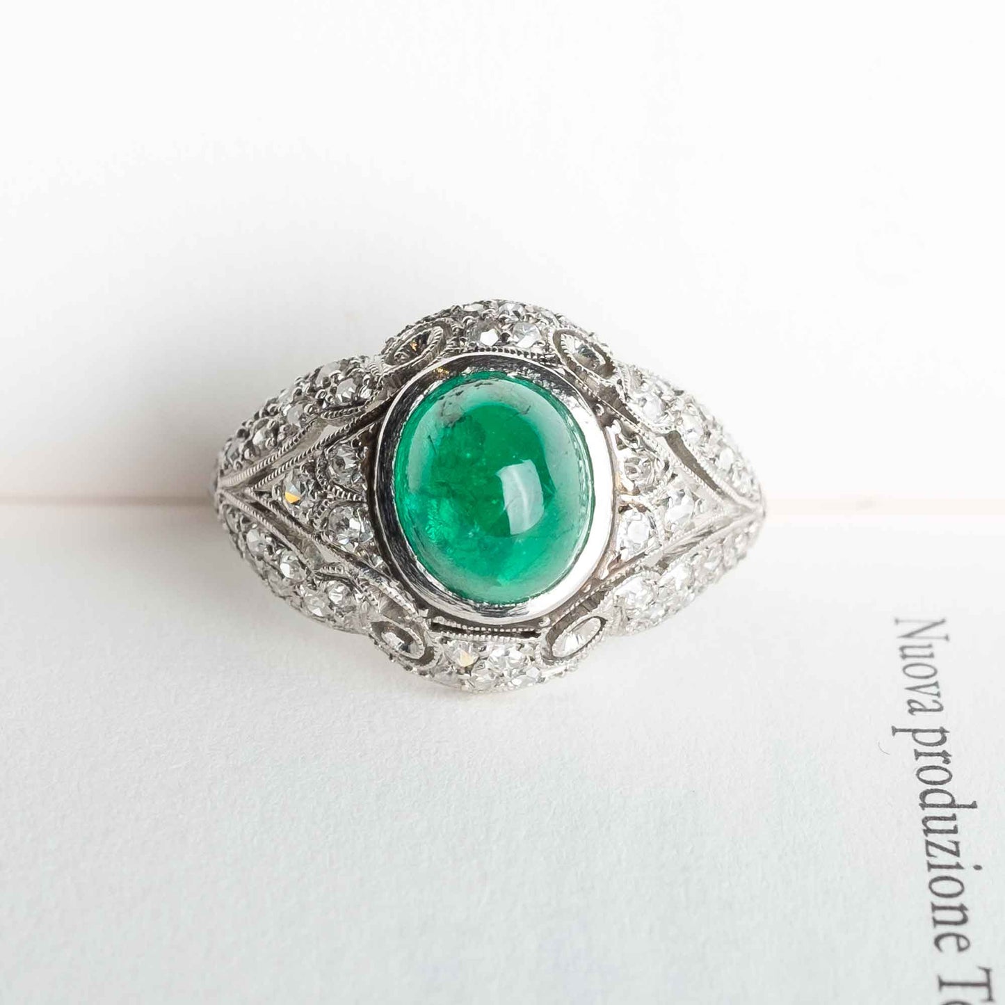Antique Platinum Ring with Natural Cabochon Emerald and Diamonds – Liberty / Art Déco Style