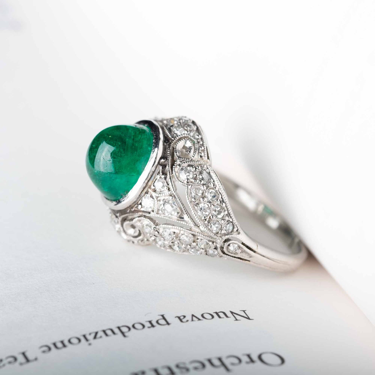 Antique Platinum Ring with Natural Cabochon Emerald and Diamonds – Liberty / Art Déco Style