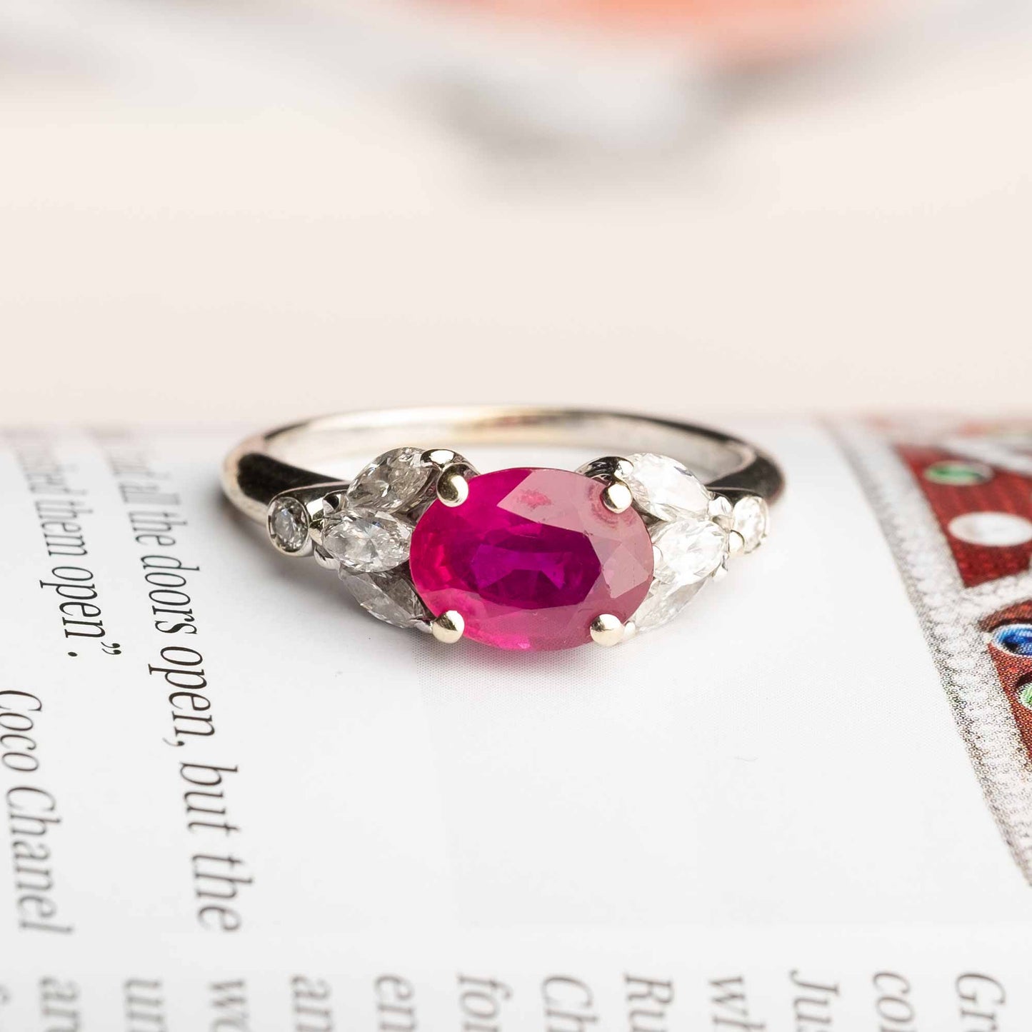 Vintage 18ct White Gold Ring with Natural Ruby and Diamonds