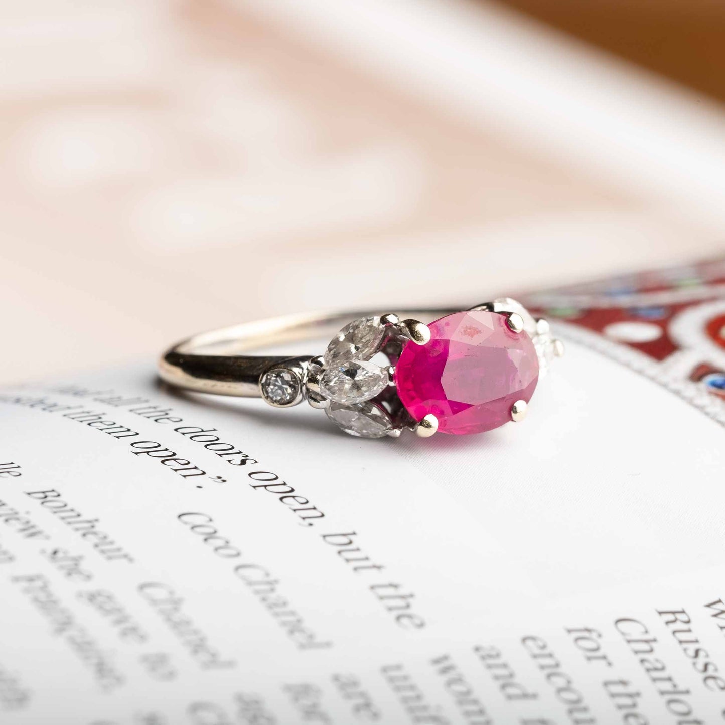 Vintage 18ct White Gold Ring with Natural Ruby and Diamonds