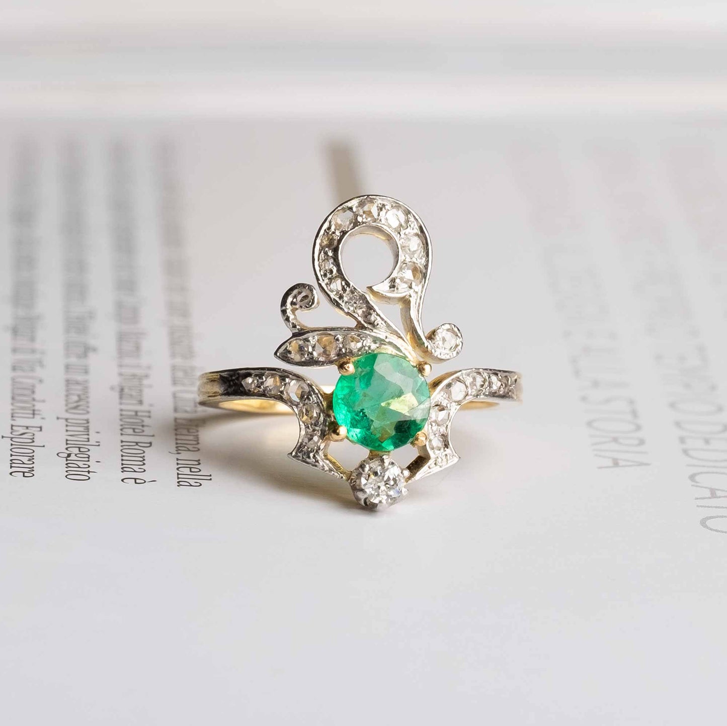 Late 19th Century Asymmetrical Antique Ring in Platinum and Gold with Natural Emerald and Diamonds