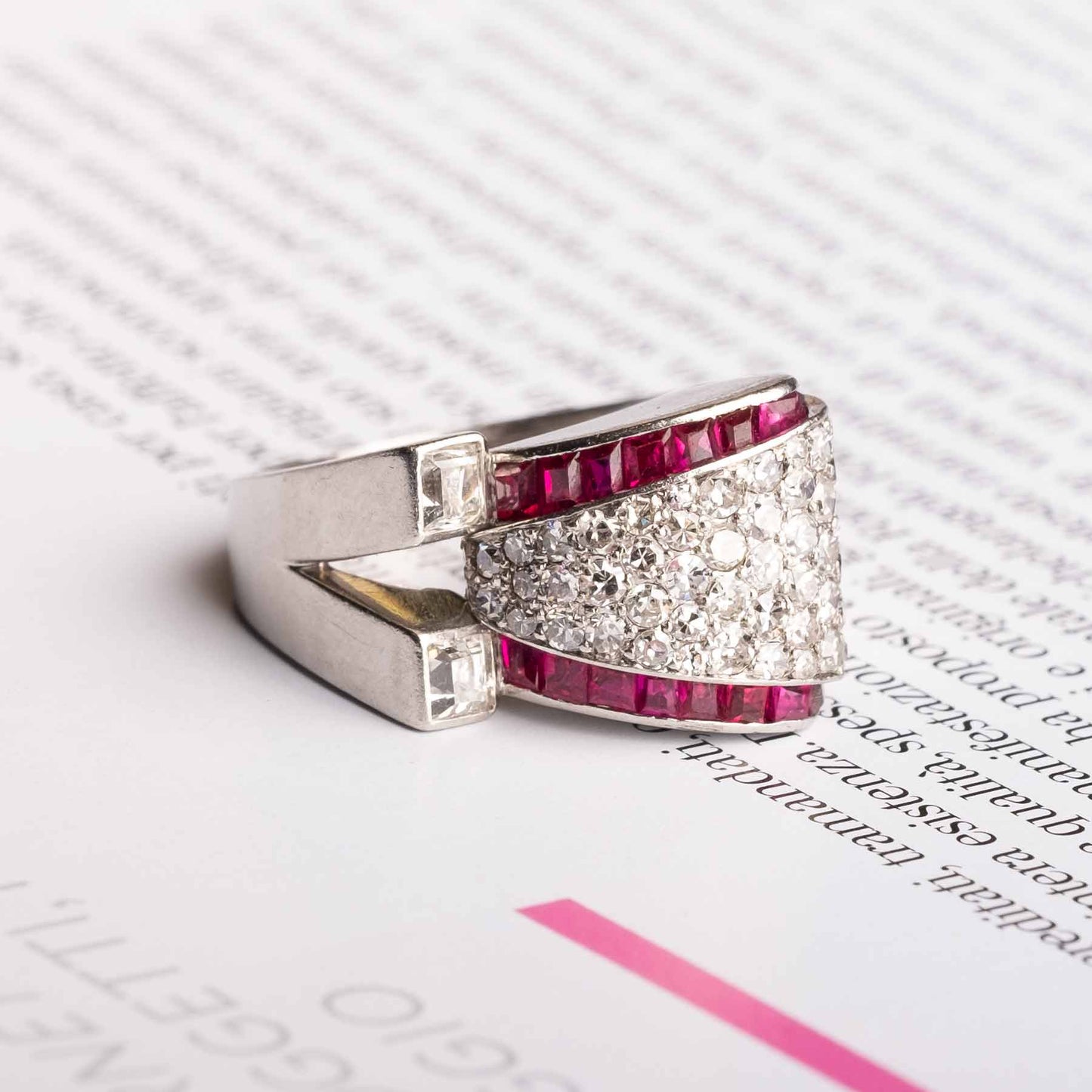 1940s Platinum Bridge Ring with Rubies and Diamonds