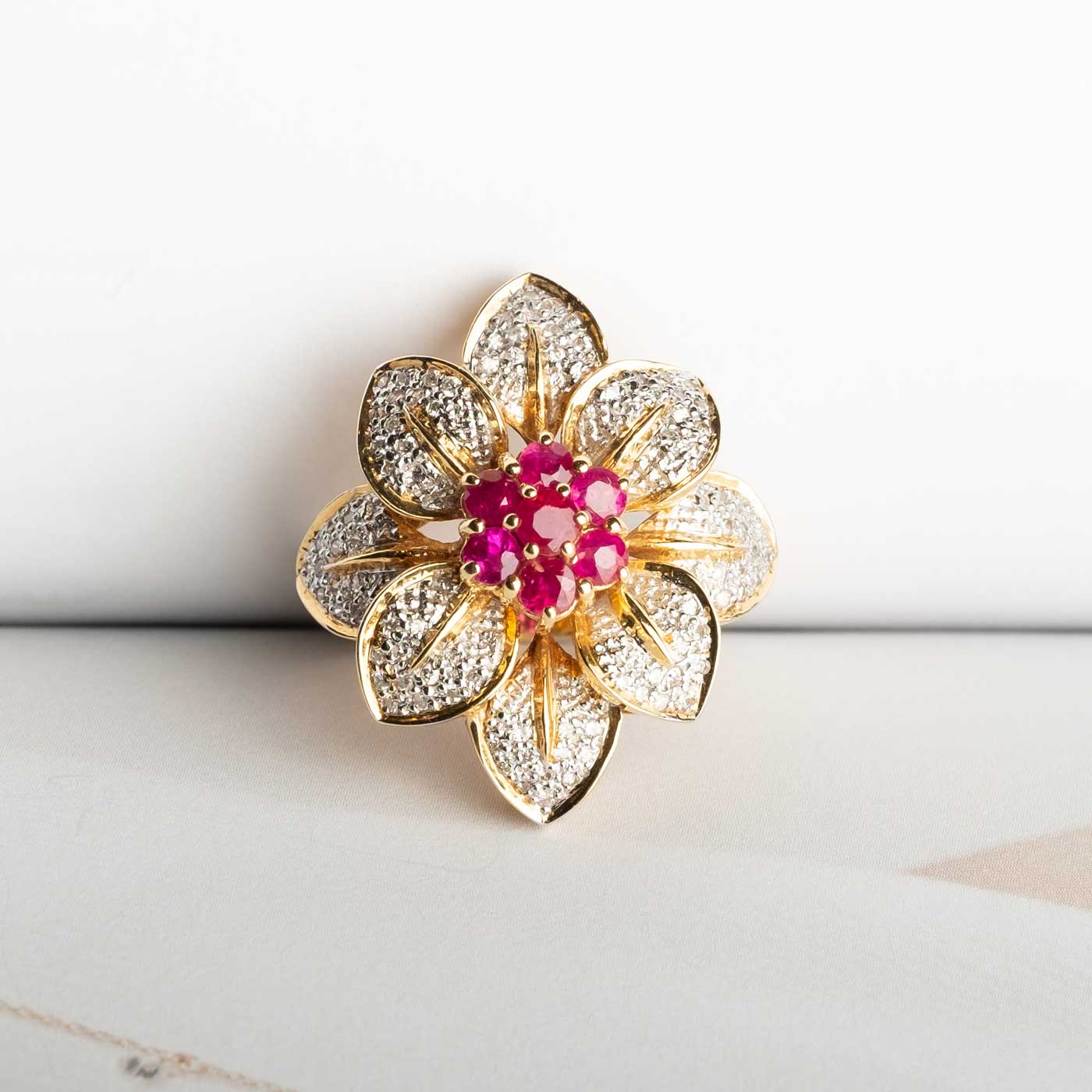 Floral Cocktail Ring in 18ct Yellow Gold with Diamonds and Natural Rubies