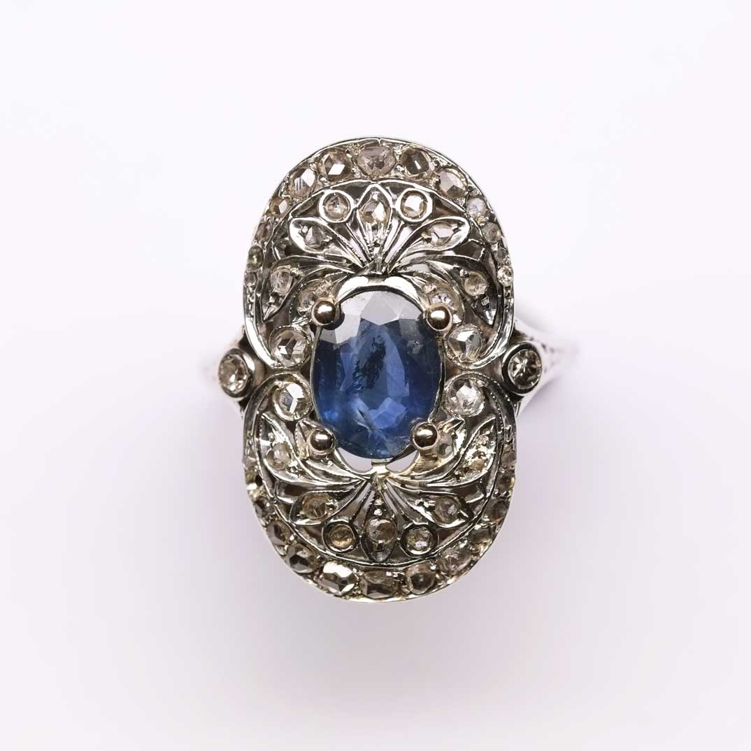 Art Deco Ring with Oval Sapphire & Diamonds