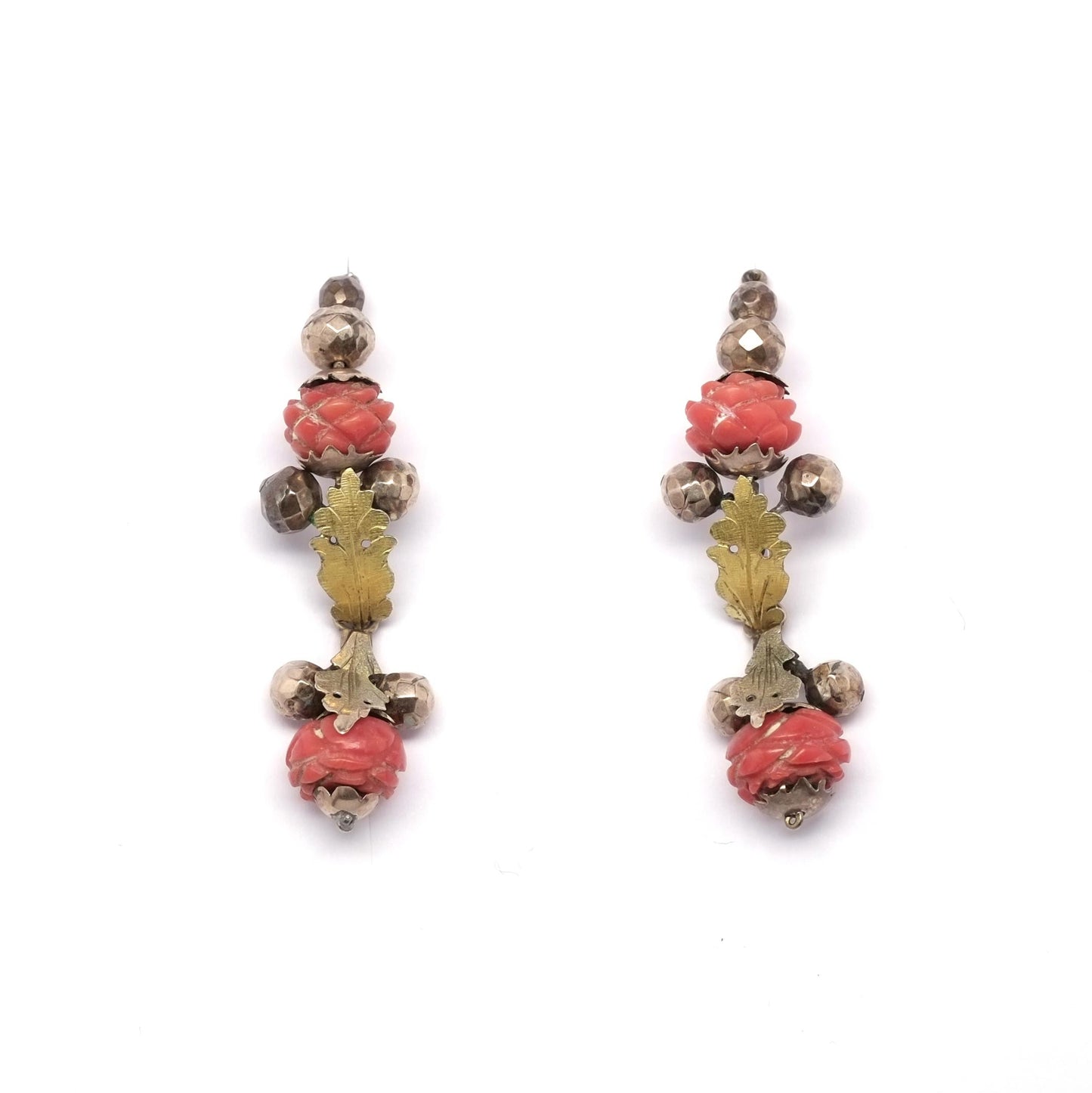 Antique Italian Hoop Earrings Coral Rose buds