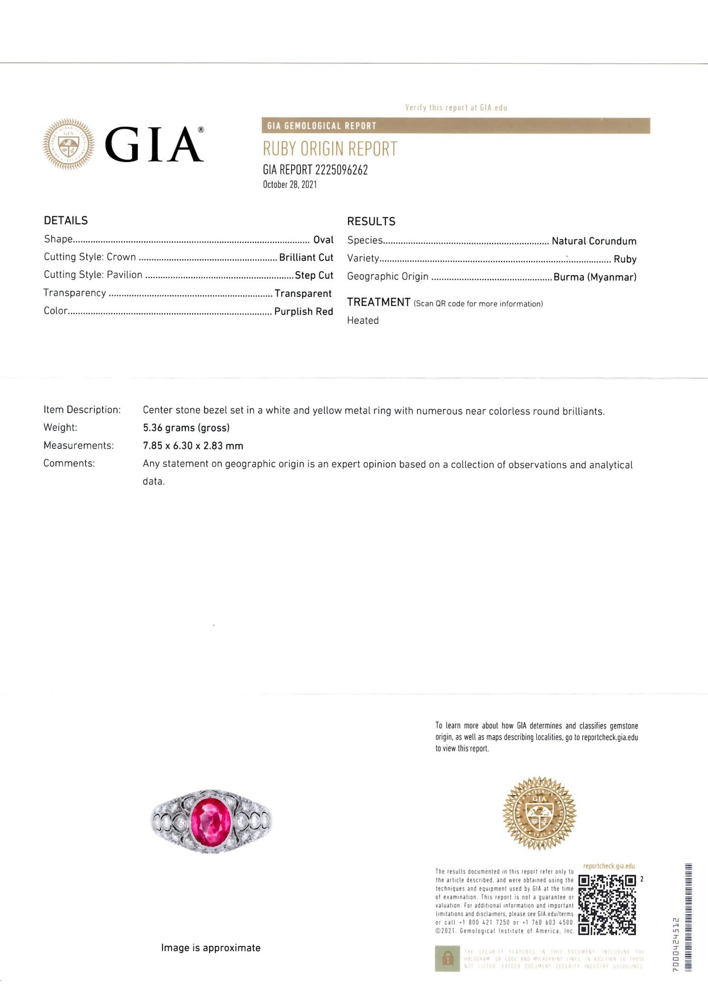 Vintage Burma ruby and diamond ring GIA Certificate