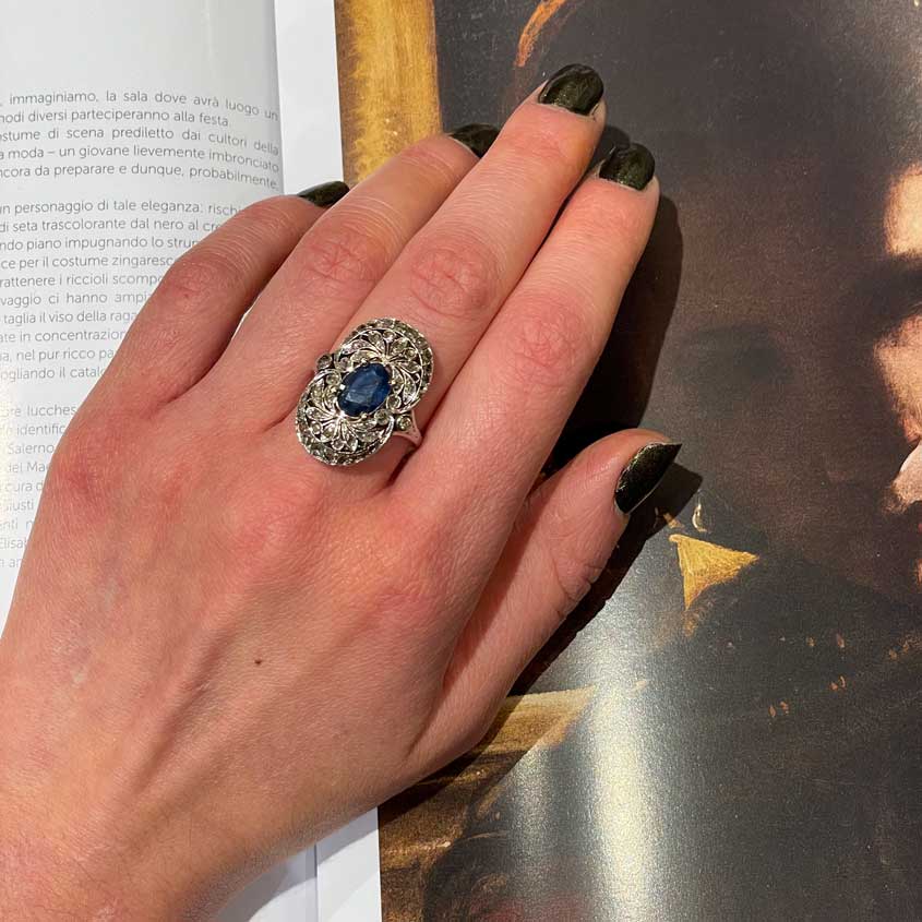 Art Deco Ring with Oval Sapphire & Diamonds