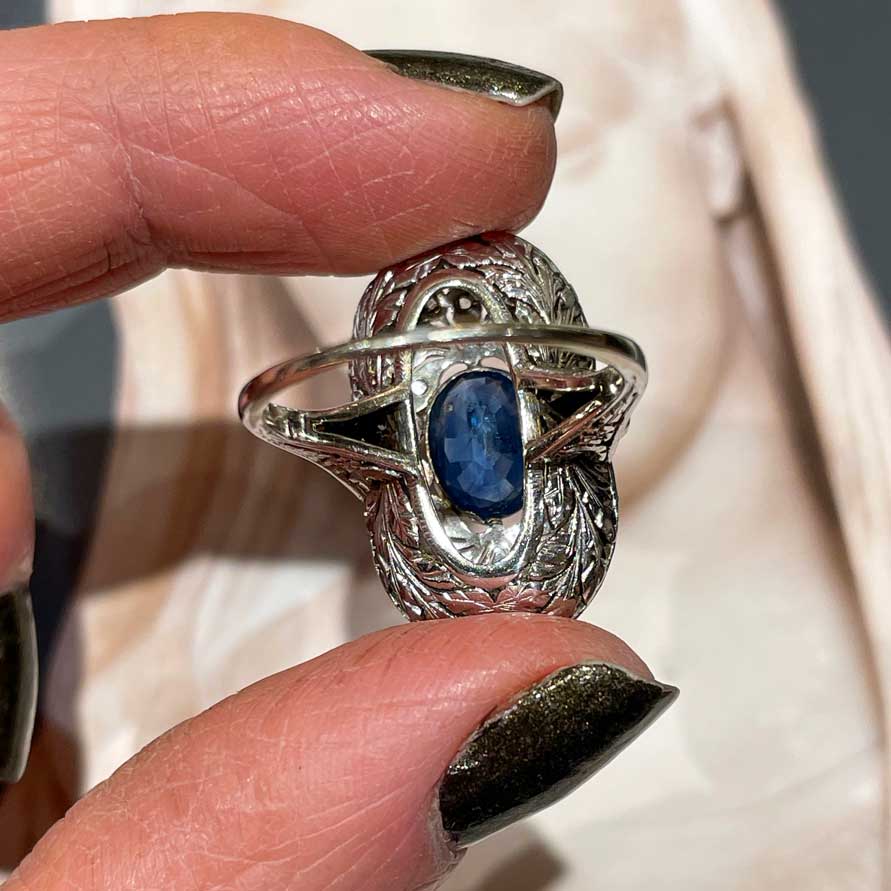 Art Deco Ring with Oval Sapphire & Diamonds