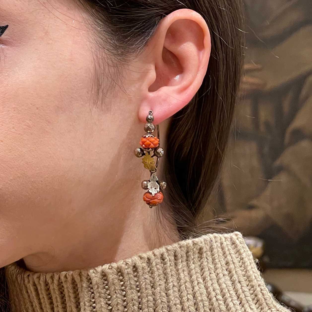Antique Italian Hoop Earrings Coral Rose buds