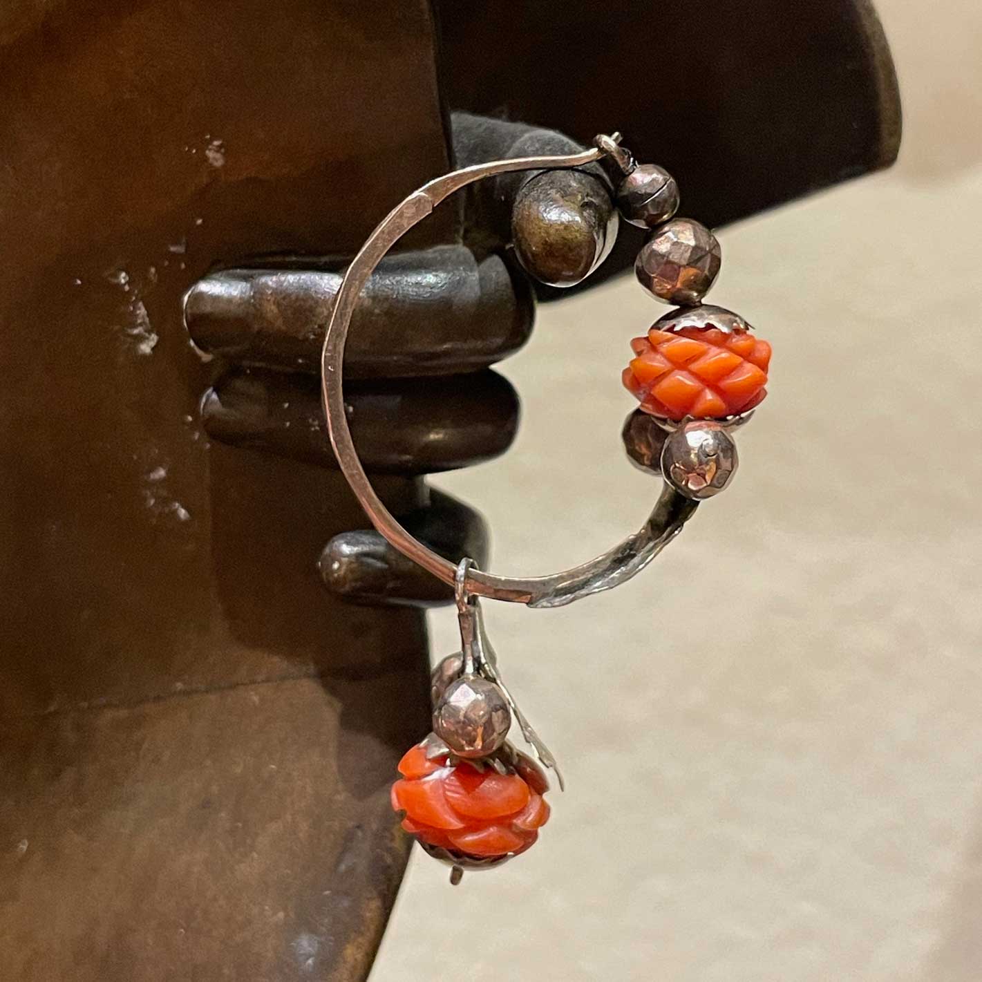 Antique Italian Hoop Earrings Coral Rose buds