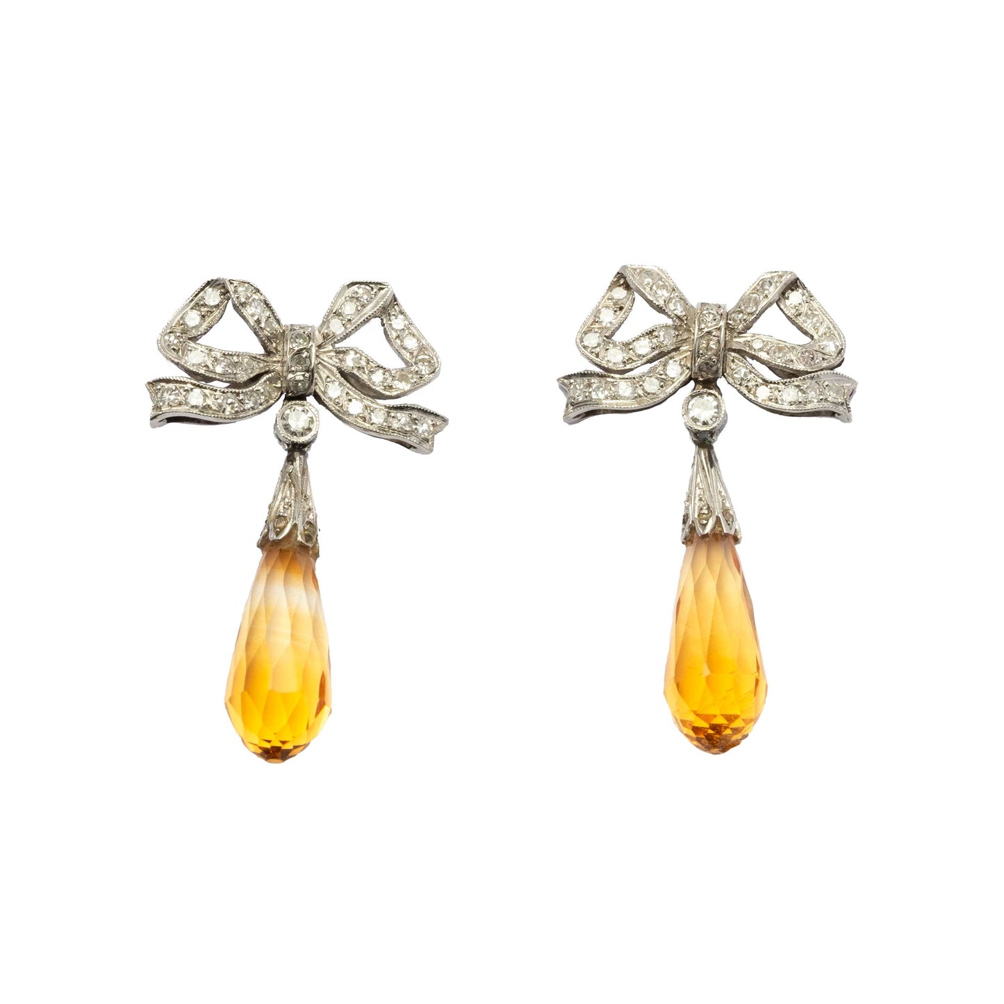 Diamond bow earrings with citrine quartz