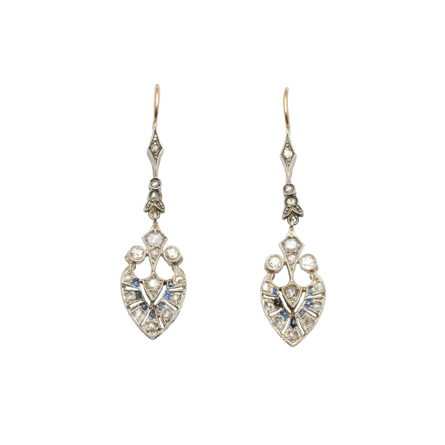 Deco period sapphire and diamond drop earrings