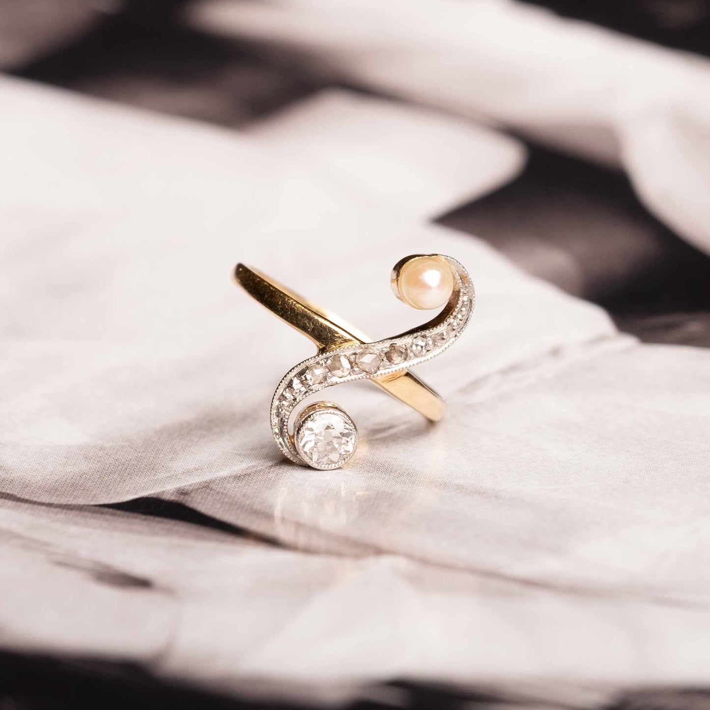 Deco Ring with Diamonds & Pearl