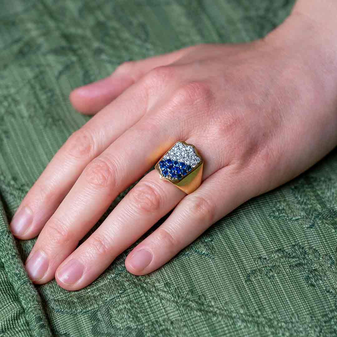 Shield Ring in Gold Sapphires & Diamonds