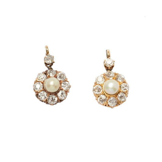 Antique old mine cut diamond and pearl earrings