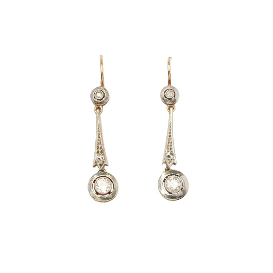 Deco old mine cut diamond dangle earrings in gold and platinum