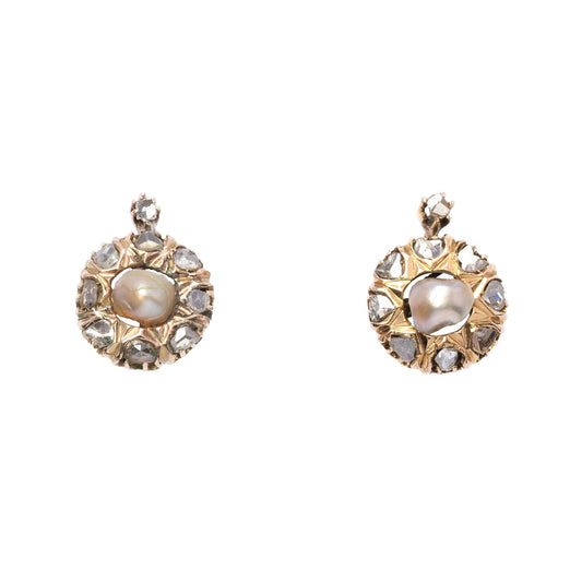 Rose cut diamonds and baroque pearl antique earrings