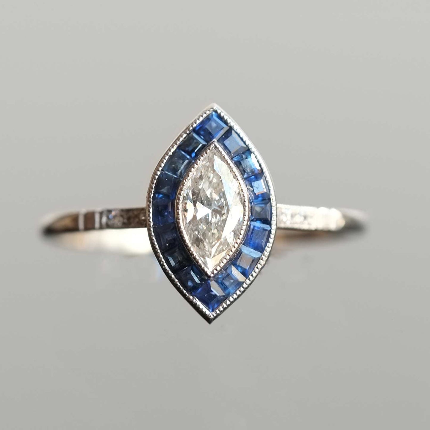 Marquise Cut Diamond Ring with Calibrated Sapphires