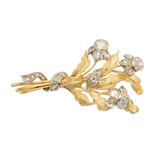 1960s Floral Bouquet Brooch in 18ct Gold with Rose-Cut and Old-Cut Diamonds