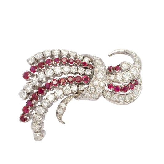 Important 1960s White Gold Brooch with High-Quality Diamonds & Intense Red Rubies