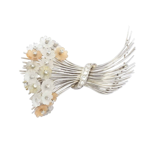 1960s White Gold Brooch with Hand-Carved Chalcedony & Diamonds