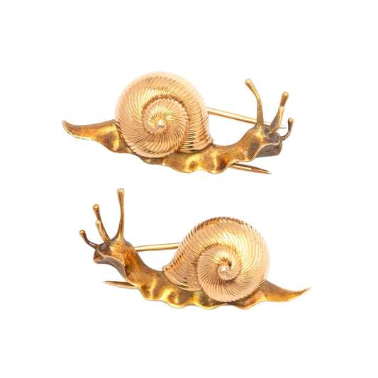 Playful Pair of Vintage 18ct Gold Snail Brooches