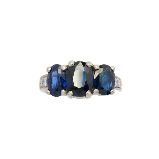 Vintage Platinum Ring with Natural Sapphire Trilogy and Diamonds