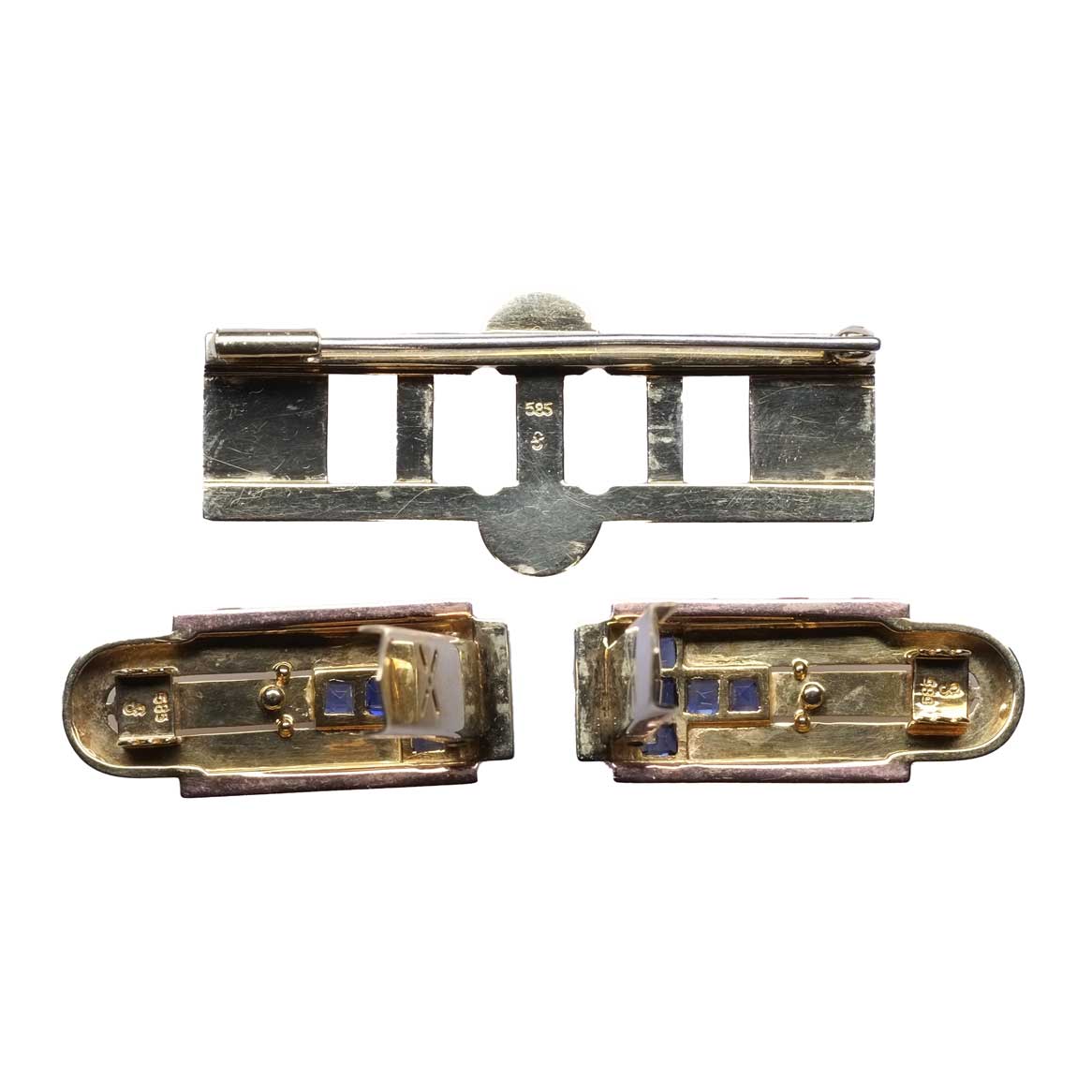 1940's Double Clip Brooch Three tone gold & Sapphires