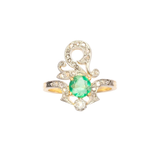 Late 19th Century Asymmetrical Antique Ring in Platinum and Gold with Natural Emerald and Diamonds