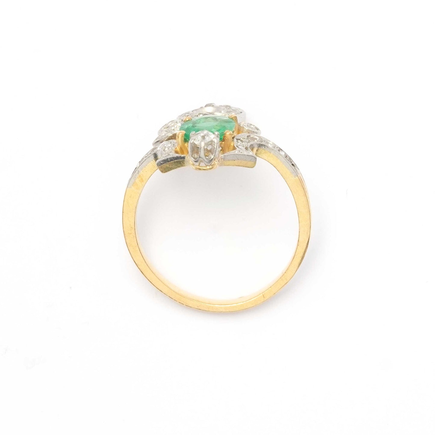 Anello Antico Asimmetrico in Platino e Oro con Smeraldo Naturale e Diamanti – Fine '800