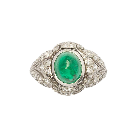 Antique Platinum Ring with Natural Cabochon Emerald and Diamonds – Liberty / Art Déco Style