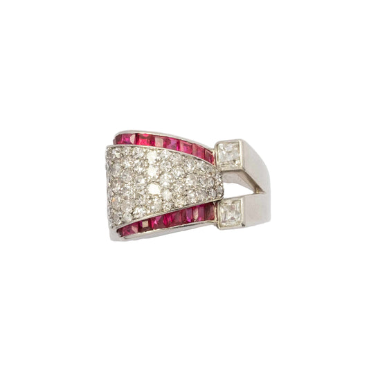 1940s Platinum Bridge Ring with Rubies and Diamonds